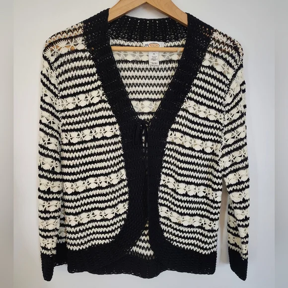 TALBOTS Women's XL Knit Crochet Cardigan Black White Boho Open Front Y2K Vibe - Picture 2 of 14